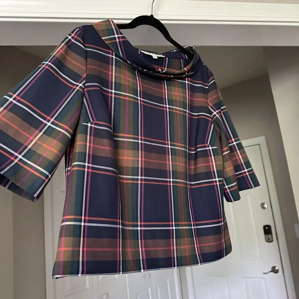 Trina Turk Kailee Plaid Roll Neck Boxy Top Size Large Women’s Classic Workwear - Picture 6 of 11